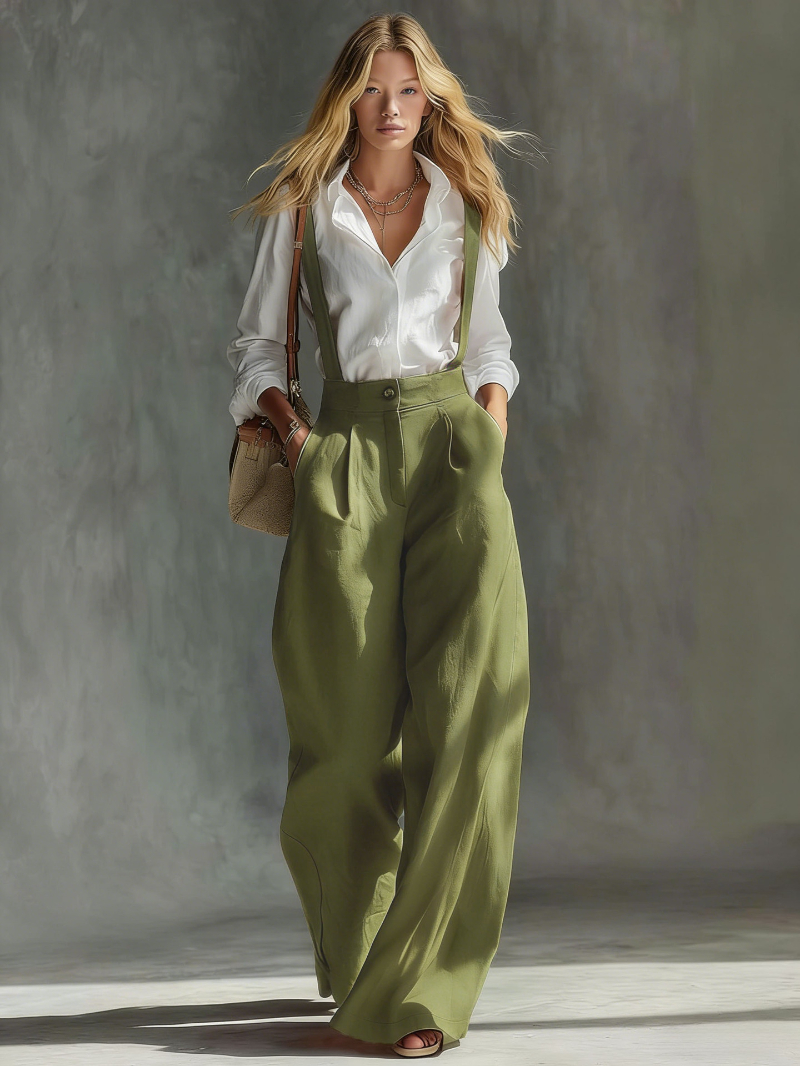 Versatile Solid-color Wide-leg Trousers Suspender Pants