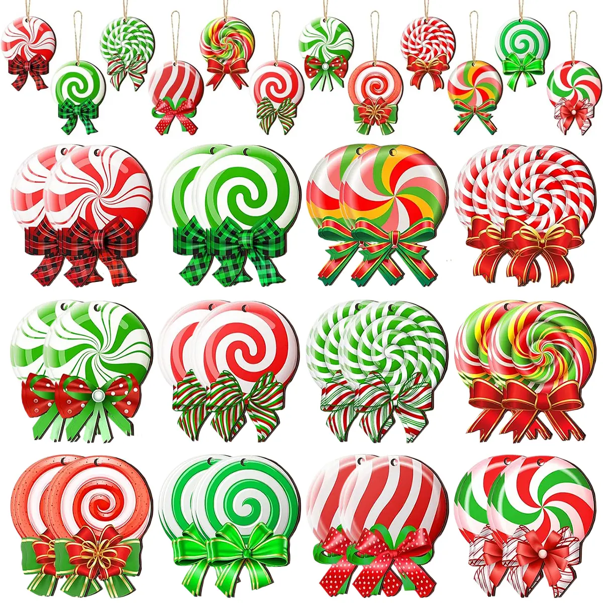 24PCS Christmas Candy Ornament With Ropes Colorful Candy Round Lollipop Wooden Pendant Xmas Hanging Decoration For Christmas Indoor Outdoor Home Yard Party Porc