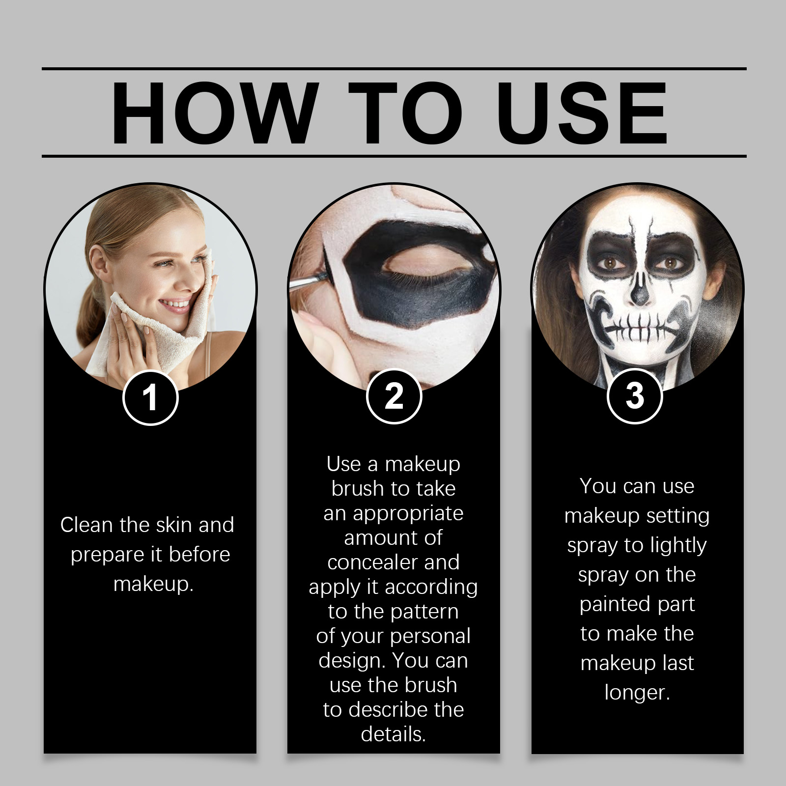 Halloween Black White Liquid Face Body Paint, Quick Dry Face Painting Kit With Brush, Long Lasting Face Paint For Halloween Skeleton Cosplay