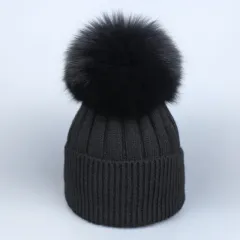 Fox Fur Warm Winter Hat With Ball For Women Child Girl Wool Thick Knitted - Black - View 1