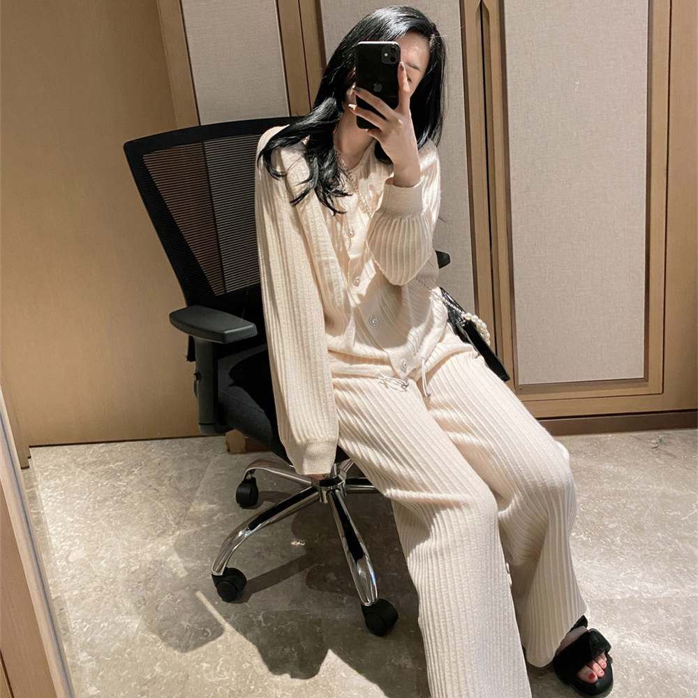 Knitted Cardigan Sweater Wide Leg Pants Trousers Casual Suit Trend