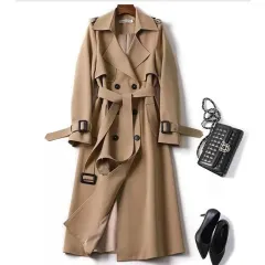 Women's Classic Trench Coat, Solid Color Long Sleeve Belted Mid-Length Jacket With Button Detail For Spring And Fall - Khaki - View 1