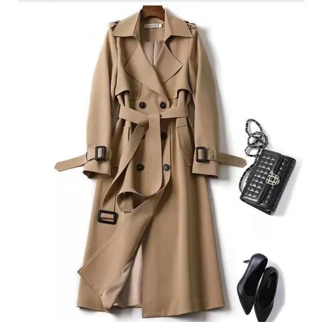 Women's Classic Trench Coat, Solid Color Long Sleeve Belted Mid Length Jacket With Button Detail For Spring And Fall Khaki - Shop at LoveMi
