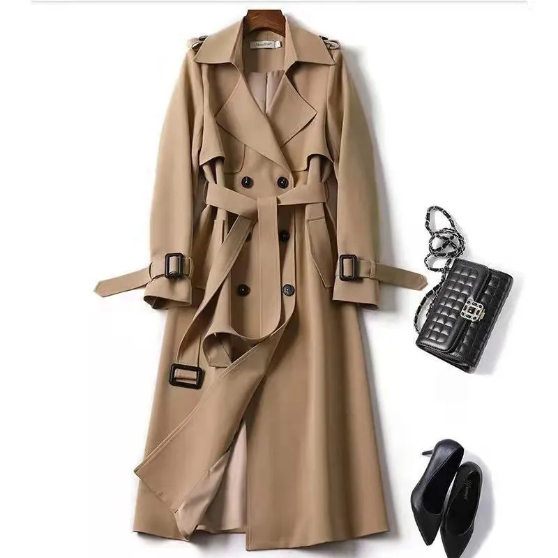 Women's Classic Trench Coat, Solid Color Long Sleeve Belted Mid-Length Jacket With Button Detail For Spring And Fall - Khaki