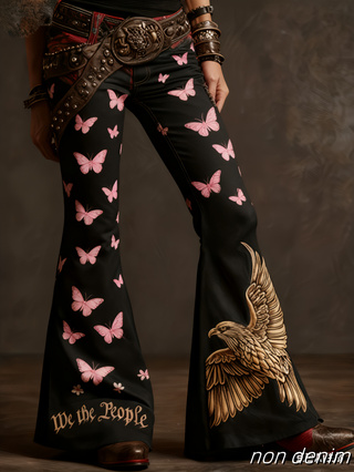 Pantalon évasé femme rétro imprimé, taille haute à bouton unique – Color14, XXL