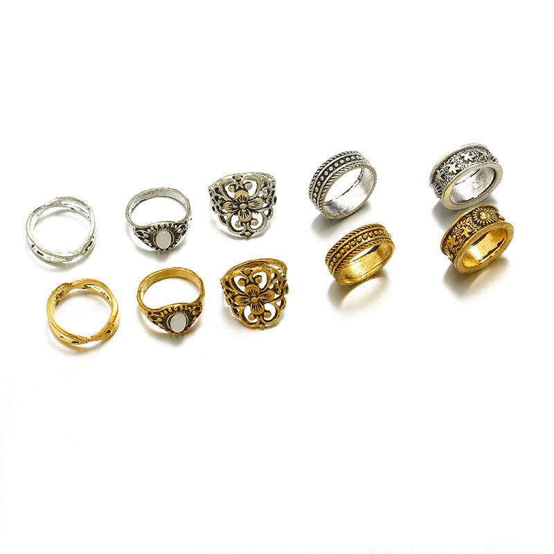 5-piece Set Of Vintage Hollow Carved Patterns And Inlaid Gemstones