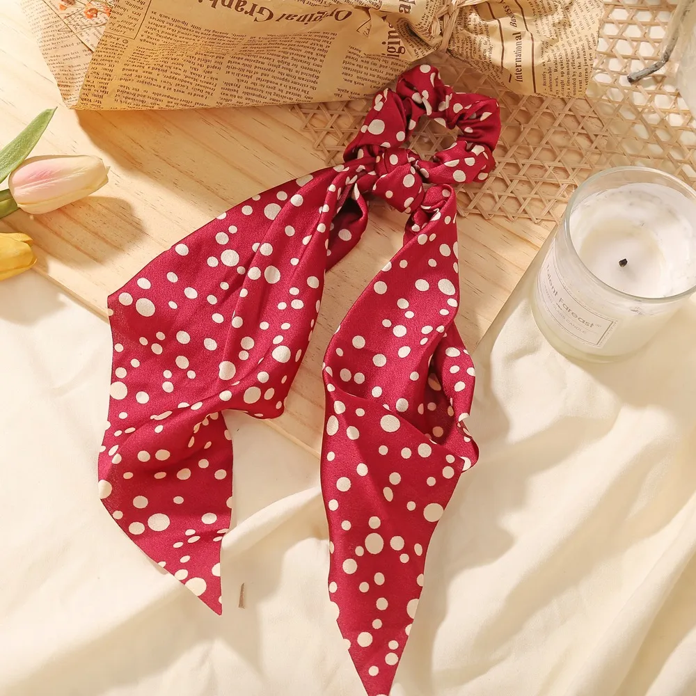Small floral ponytail long streamer hair band - Red Dots