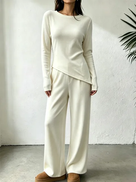 Women Knit 2 Piece Outfit Round Neck Irregular Long