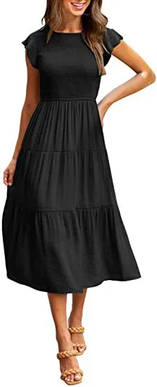 Gathered Layered Short Sleeve Swing Dress Black - Shop at LoveMi