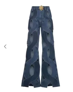 Women Streetwear Cutout Hollow Out Criss Cross Straight Flare Denim Pants - Navy Blue - View 1