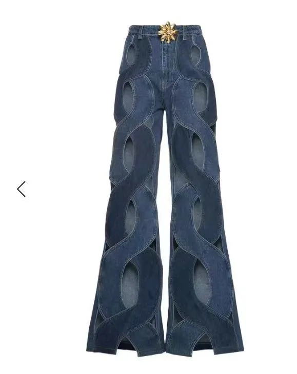 Women Streetwear Cutout Hollow Out Criss Cross Straight Flare Denim Pants Navy Blue - Shop at LoveMi