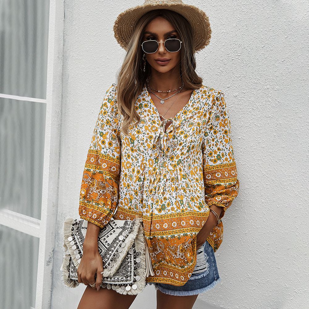 Women's Bohemian Style Top Printed Shirt Yellow - Shop at LoveMi