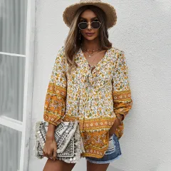 Women's Bohemian Style Top Printed Shirt - Yellow - View 1