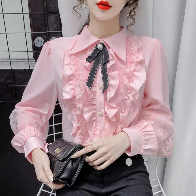 Womens Victorian Vintage Palace Shirt Blouse Bow Ruffles Lolita Sweet Red - Shop at LoveMi