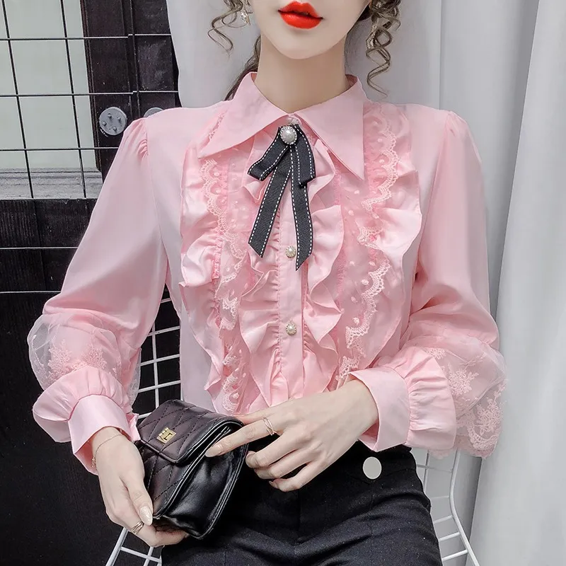 Womens Victorian Vintage Palace Shirt Blouse Bow Ruffles Lolita Sweet - Red