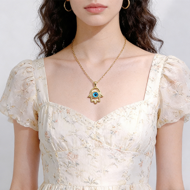 Evil Eye Hamsa Hand Necklace For Women, Protection Amulet Pendant With Titanium Steel - Image 3