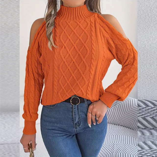Women's Solid Color Off Shoulder Cable Knit Sweater, High Neck Long Sleeve Pullover For Spring And Fall Orange - Shop at LoveMi