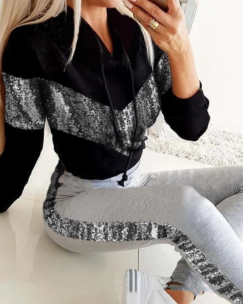 Black Sequin Stitching Casual Hood Suit