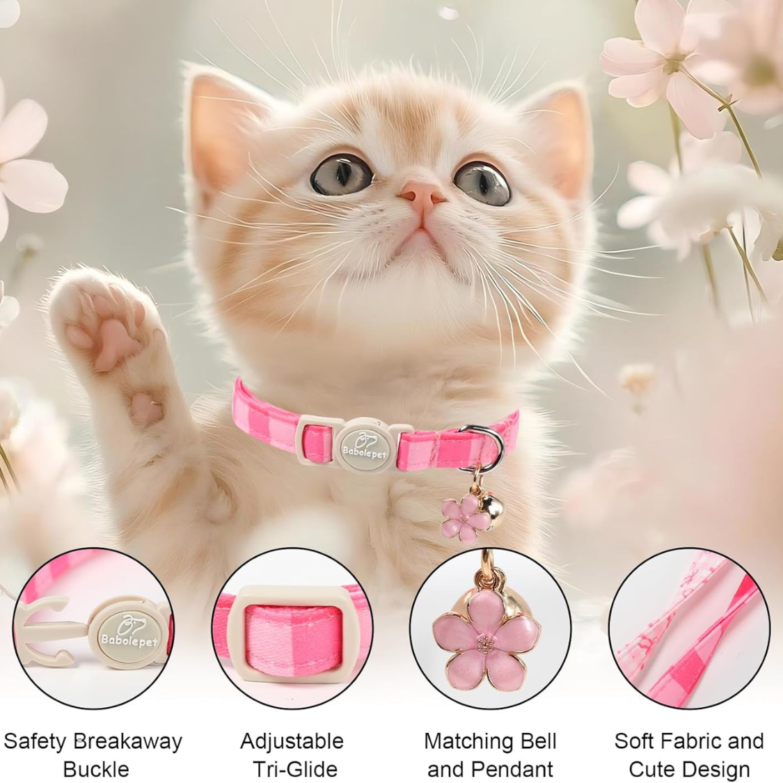 Lot de 2 colliers pour chat roses printemps-été avec pendentif cloche, nœud et fleur – Image 3