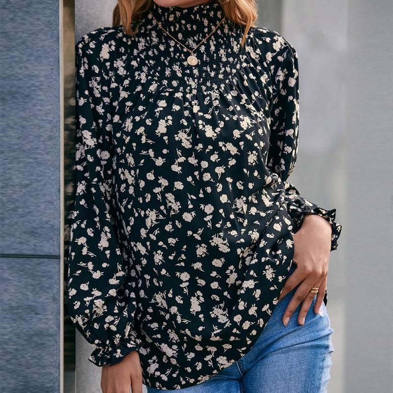 Title 2, Turtleneck Ruffled Sleeve Floral Shirt