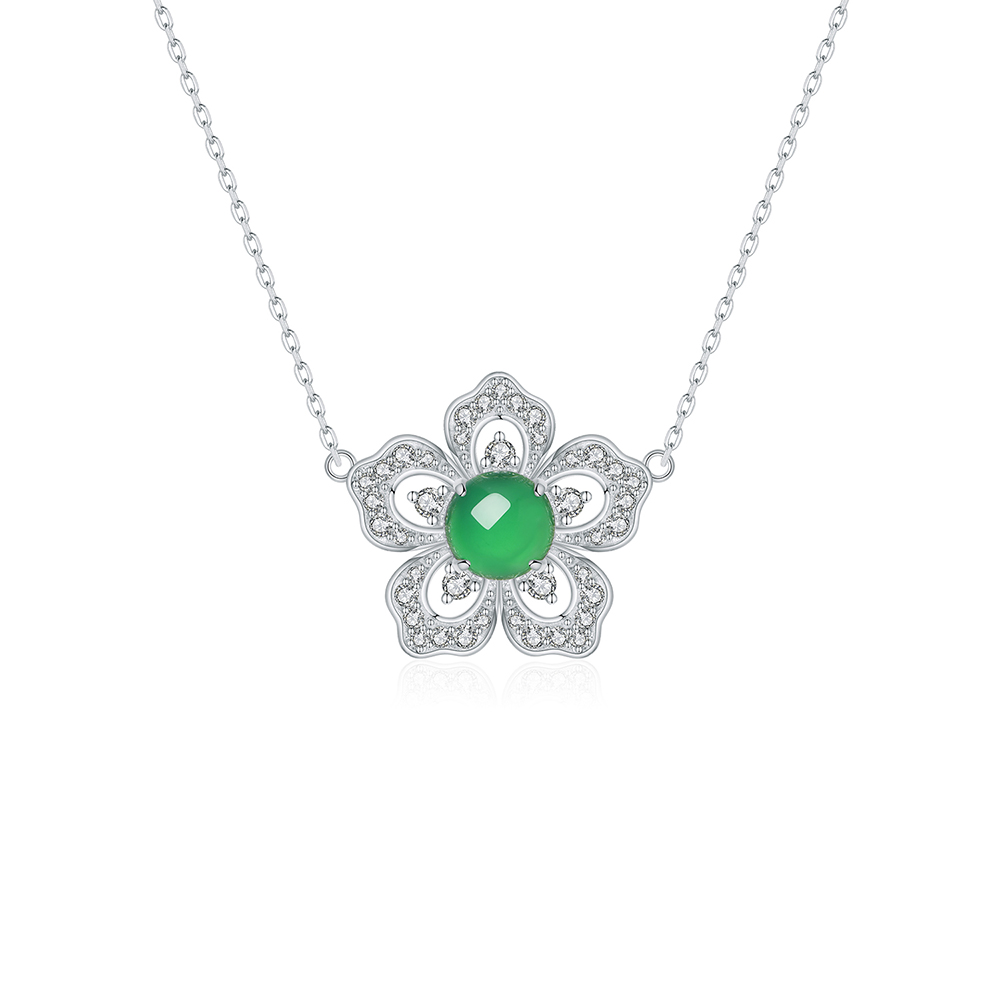 S925 Sterling Silver Flower Clover Necklace, 8mm Round Green Chrysoprase Pendant, Platinum Plated 45cm Chain, 4.5g Elegant Women's Jewelry Gift Set