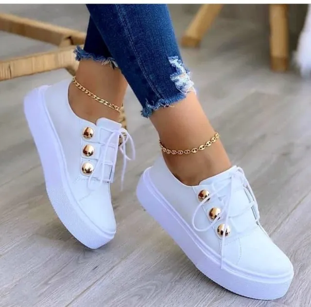 Lace up Flats Sneakers Women Rivet Casual Shoes White - Shop at LoveMi