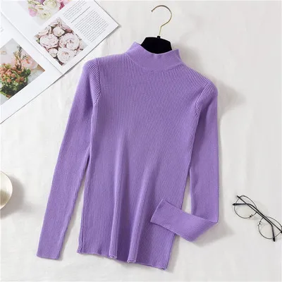 Slim Fit Half-high Collar Long Sleeves Bottoming Shirt Pure Color All-matching Sweater - Purple