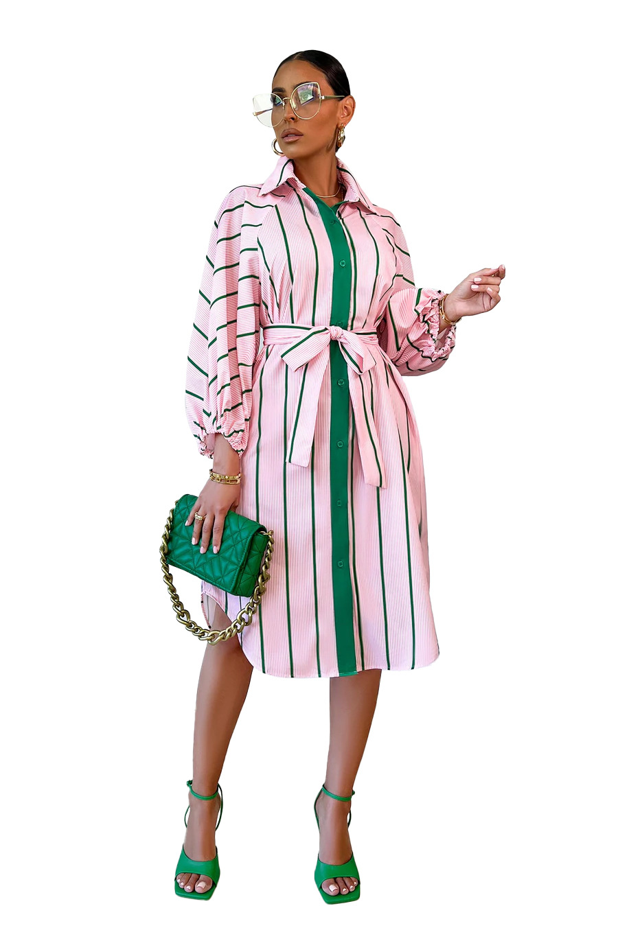 Title 7, Striped Print Casual Long Sleeve Dress