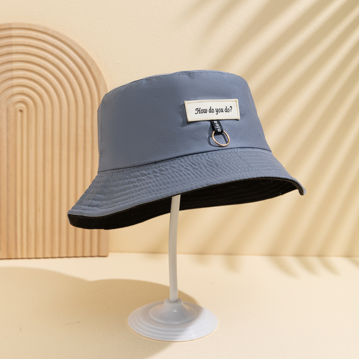 Simple Solid-color Double-sided Fisherman Hat With Lettering, Unique Metal Ring Bucket Hat Suitable For Summer Outdoor Wear Versatile Casual Hat