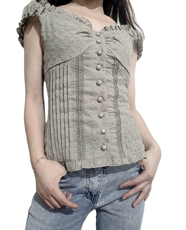 New Women's Pleated Shoulder Low Neck Button Folding Lace Tight Top
