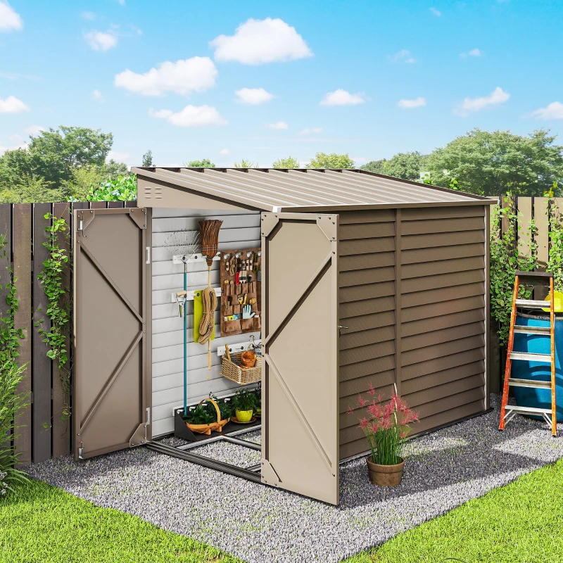 4.6' X 9' Outdoor Storage Shed, Lean To Metal Shed With Foundation Kit, Lockable Doors And Gloves For Patio, Lawn, Brown Multiple Packages