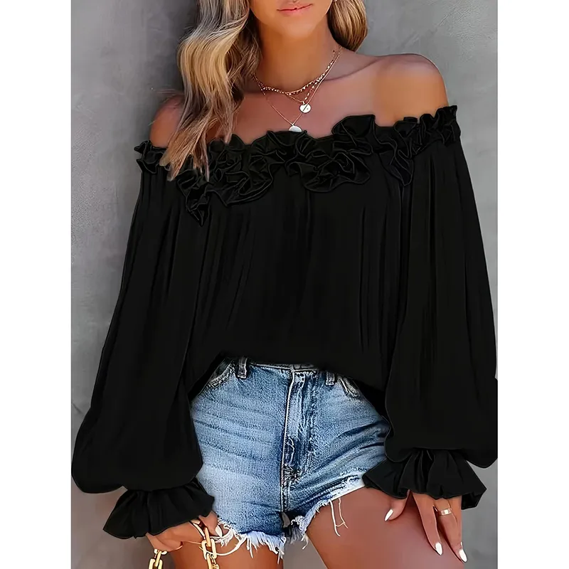 Women's Summer Off Shoulder Top Ruffle Long Sleeve Blouse Casual Loose Shirts - Black