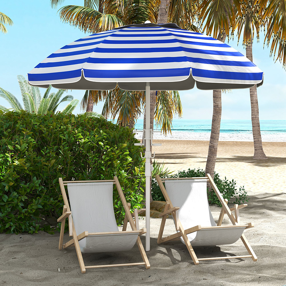 5.7' Beach Umbrella For Travel With Tilt, Adjustable Height, 2 Cup Holders, Hooks, Vent, Ruffles, Blue Stripe, Sapphire Blue
