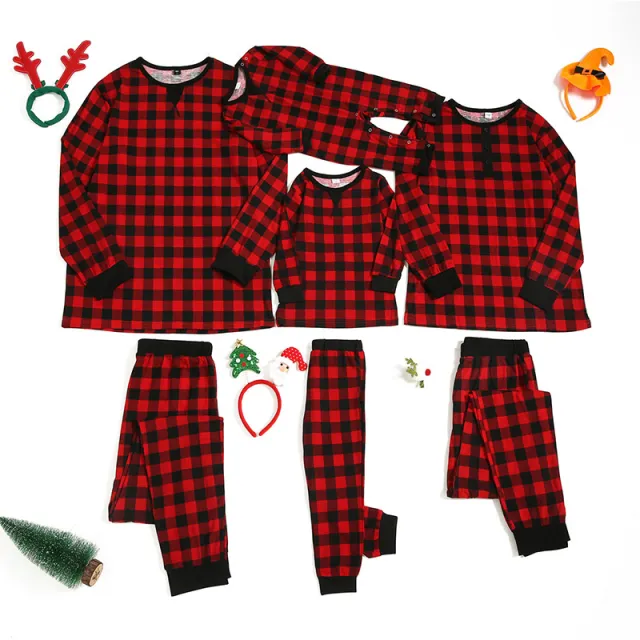 Christmas Plaid Printed Parent child Wear Long Sleeve Pajamas Red - Shop at LoveMi