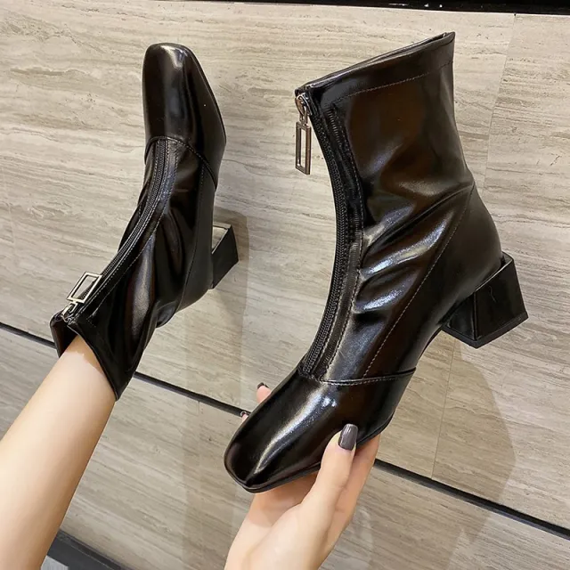 Square Toe Block Heel Zipper High Heel Martin Boots Black - Shop at LoveMi