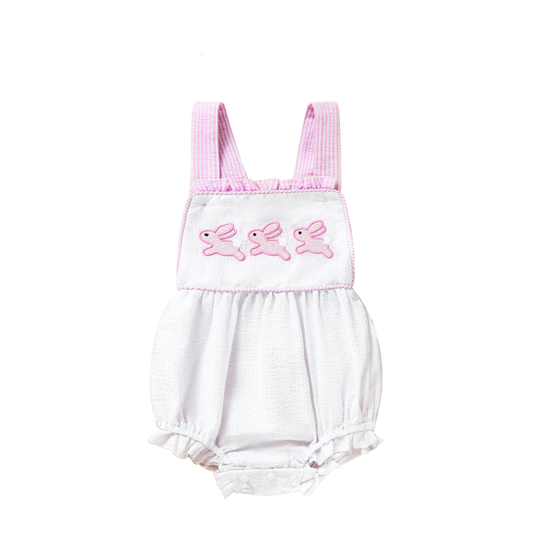 Baby Sweet Bunny Romper, Ruffle Trim Onesie With Adjustable Straps & Snap Closure