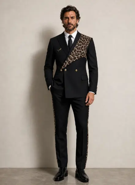 Double-Breasted 2-Piece Suit With Leopard Print Contrast
