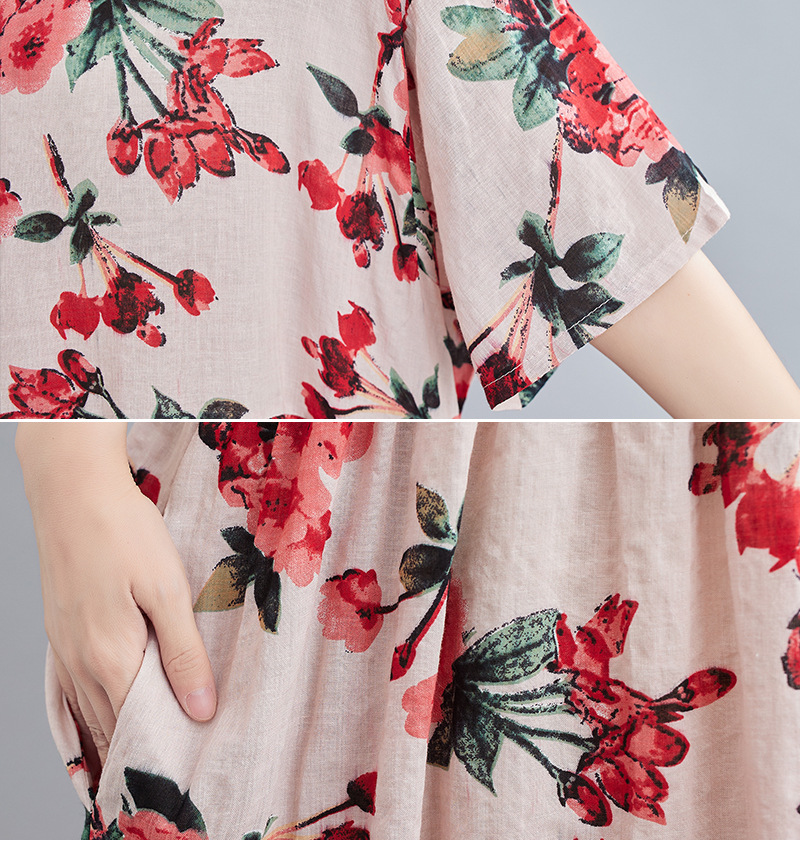 Cotton Linen Print Short Sleeve Crew Neck Dress