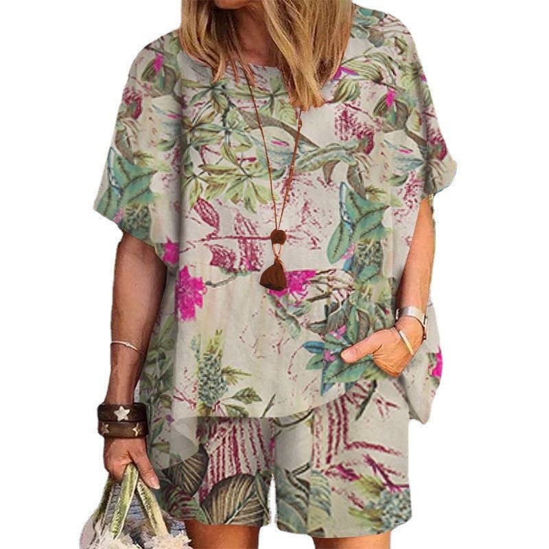 Floral Print Crew Neck Short Sleeve Shorts Set