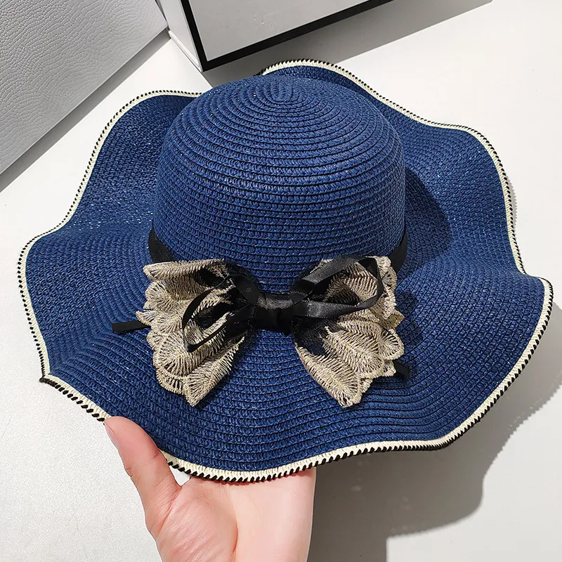 Summer Beach Straw Hat Korean Style All-match Lace - D138 Navy Blue Bow Lace
