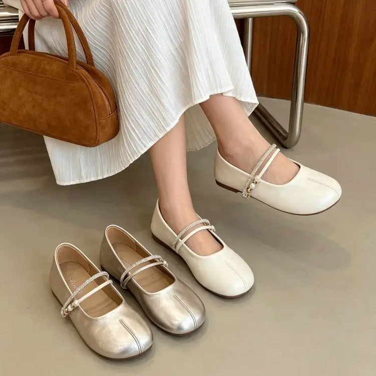 Women Gentle Minimalist Double Rhinestone Pearl Strap Flats,  Matching Casual Daily  Loafer Slippers