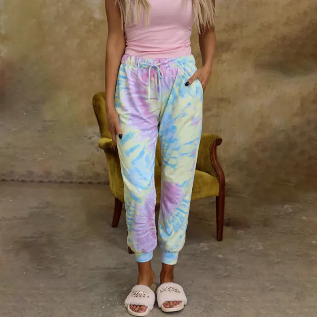 Tie Dye Printed Loose Mid Waist Lace Up Slacks - Shop at LoveMi