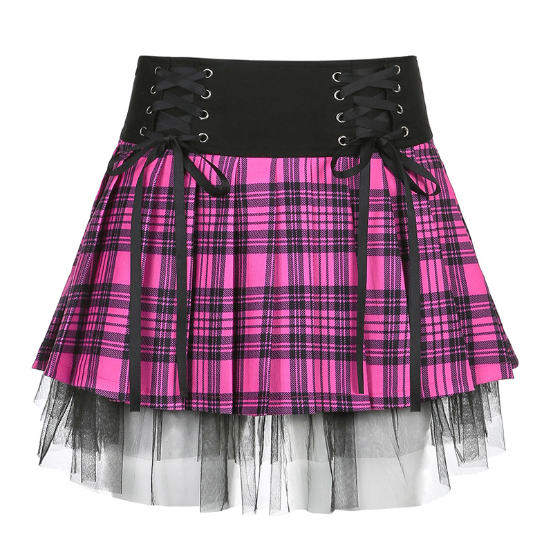 Title 4, Womens Retro Check Mesh Lace-up Miniskirt a pe...