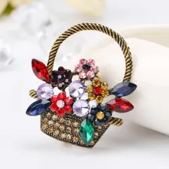 Korean Style Retro Cute Flower Basket Style Colored Diamond Alloy Diamond Brooch - Gold - View 1