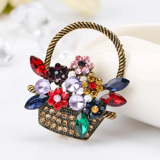 Korean Style Retro Cute Flower Basket Style Colored Diamond Alloy Diamond Brooch Gold - Shop at LoveMi