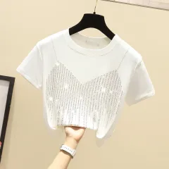 Chic Short Hot Diamond Temperament Thin Niche Women's Short Sleeves - White - View 1