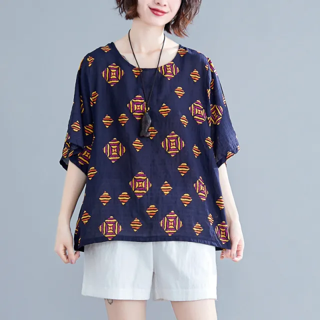 Women's Fashionable Cotton And Linen Printed Loose Round Neck Short Sleeve T shirt Navy - Shop at LoveMi