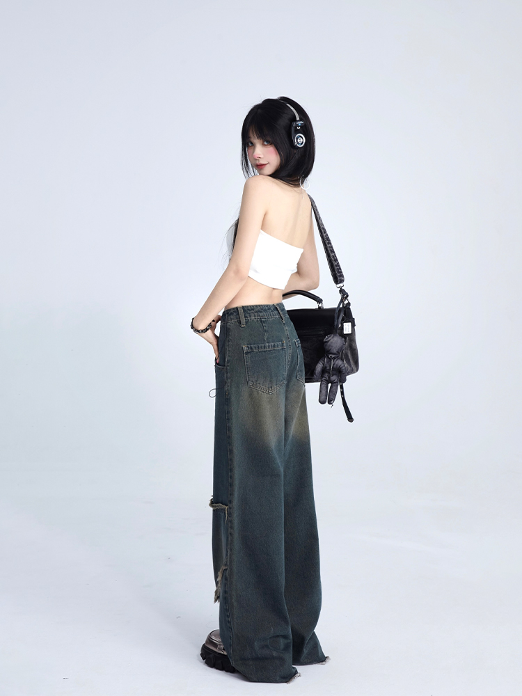 Women's Retro Wide Leg Jeans With Distressed Design