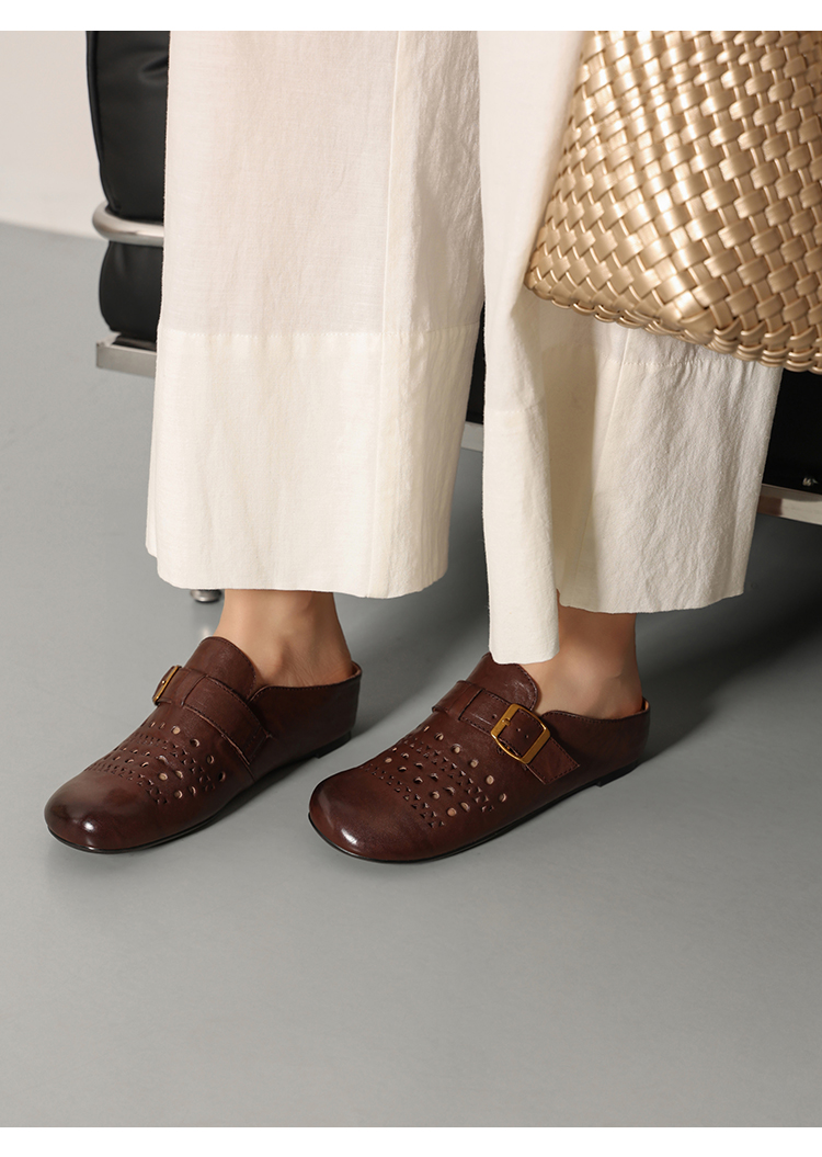 Round Toe Flat Mules – Buckle Strap Close-Up – Sarah Express