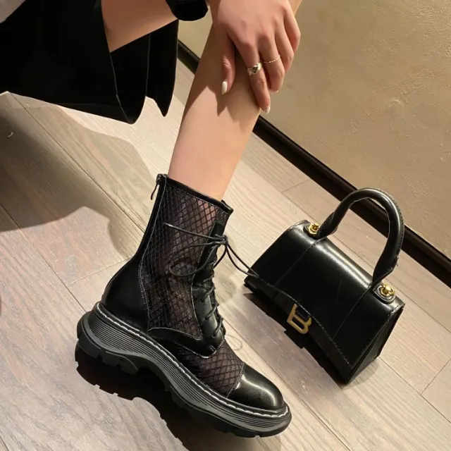 Short Martin Boots With Trifle Heel And Round Toe Front Lace Up Back Zipper Black - Shop at LoveMi